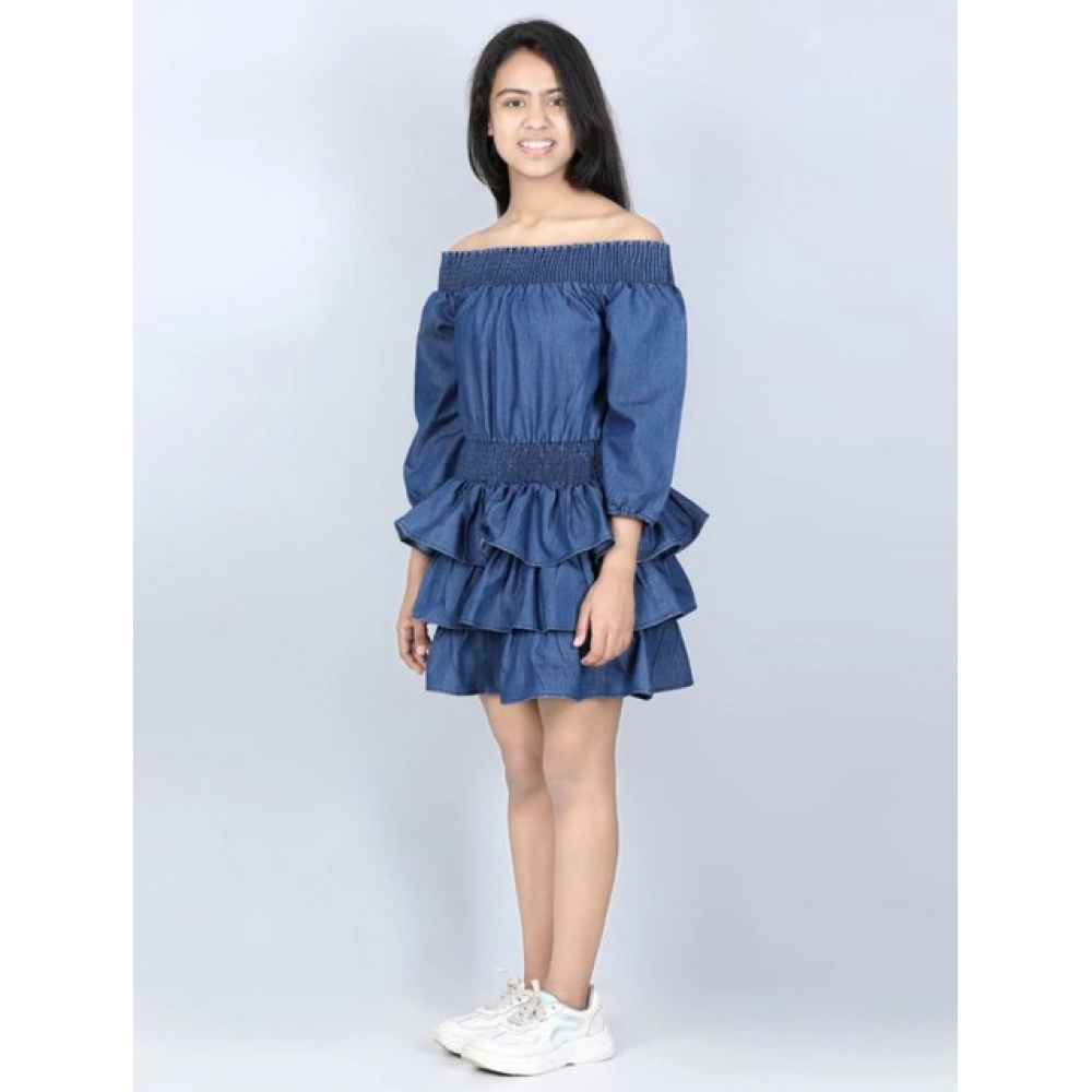 Generic Girl's Denim Solid Off Shoulder Dress (Blue) - Image 3