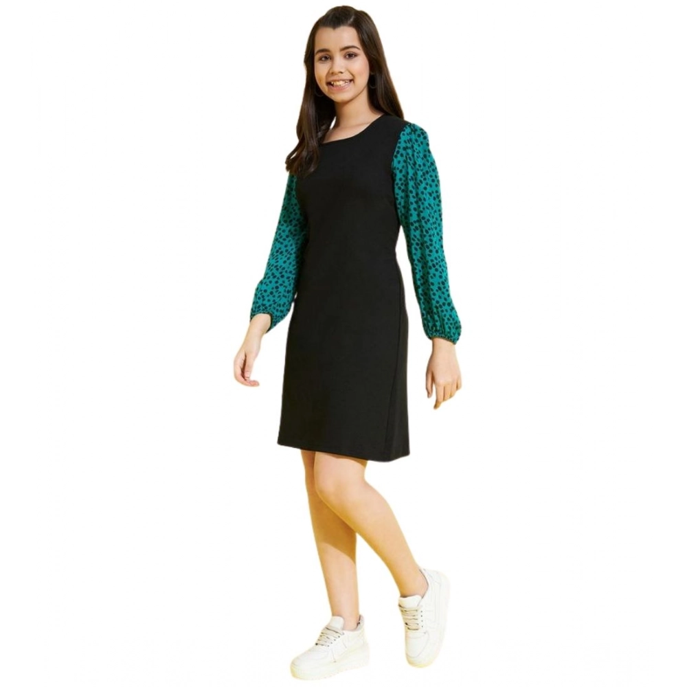 Generic Girl's Polyester Printed Long Sleeves Dress (Black-Green) - Image 5