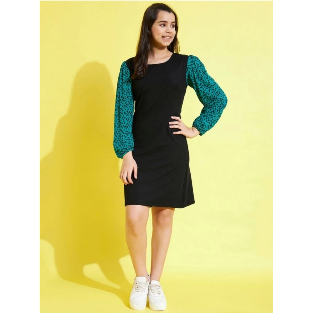 Generic Girl's Polyester Printed Long Sleeves Dress (Black-Green) - Image 4