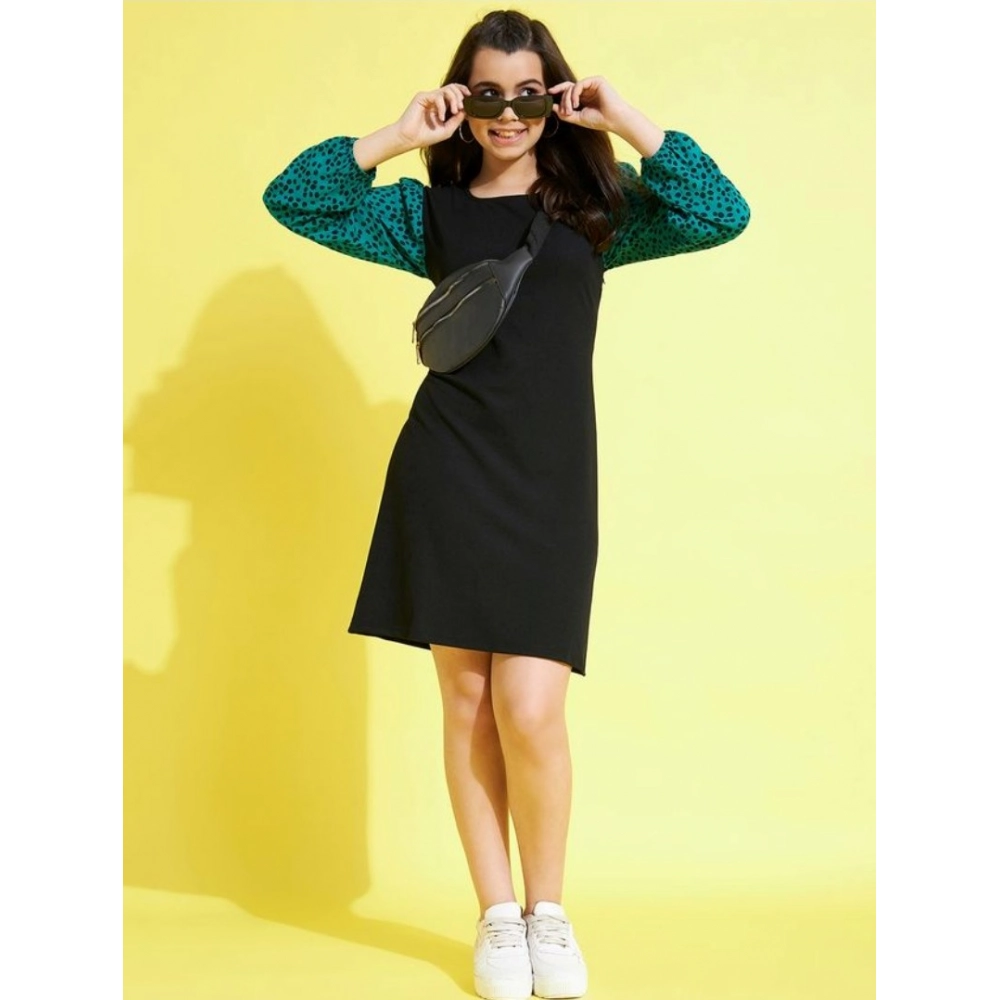 Generic Girl's Polyester Printed Long Sleeves Dress (Black-Green) - Image 3