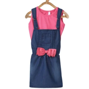 Generic Girl's Denim & Cotton Bow Sleeveless Dungaree (Pink)