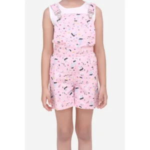 Generic Girl's Inner- Cotton Printed Sleeveless Dungaree (Light Pink)