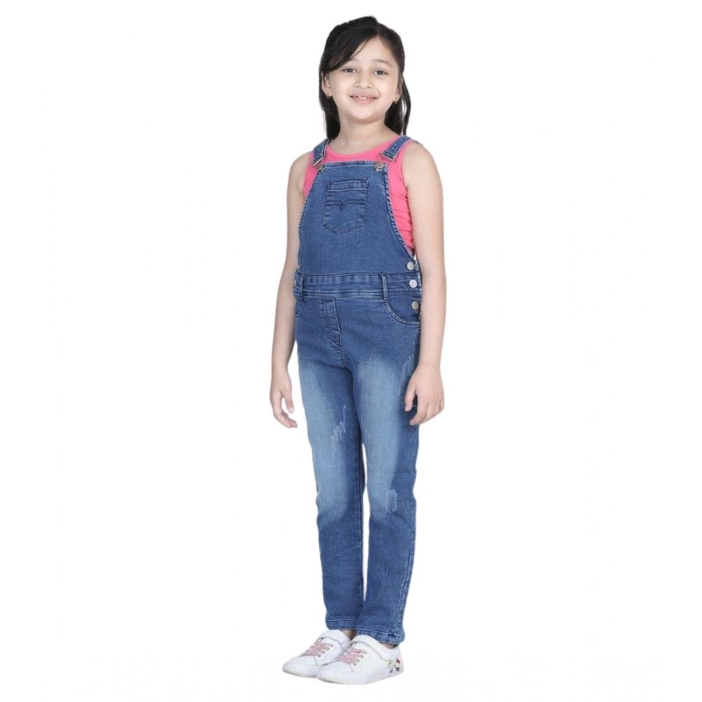 Generic Girl's Denim Washed Buttoned Dungaree (Blue) - Image 5