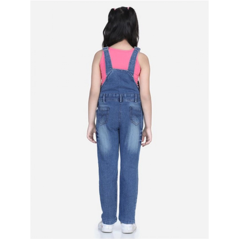 Generic Girl's Denim Washed Buttoned Dungaree (Blue) - Image 4
