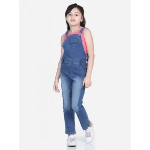 Generic Girl's Denim Washed Buttoned Dungaree (Blue)