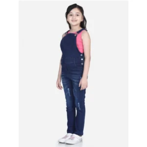 Generic Girl's Denim Distressed Buttoned Dungaree (Blue)