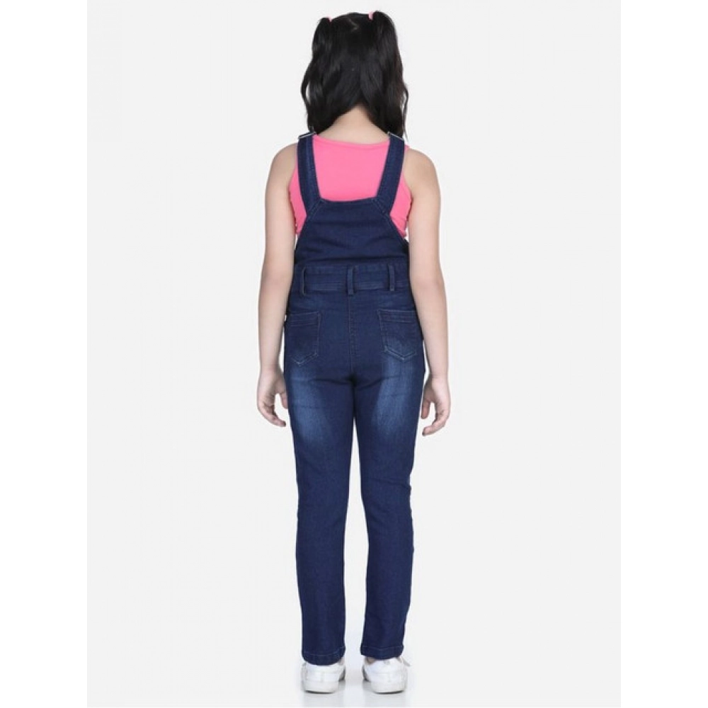Generic Girl's Denim Distressed Buttoned Dungaree (Blue) - Image 4