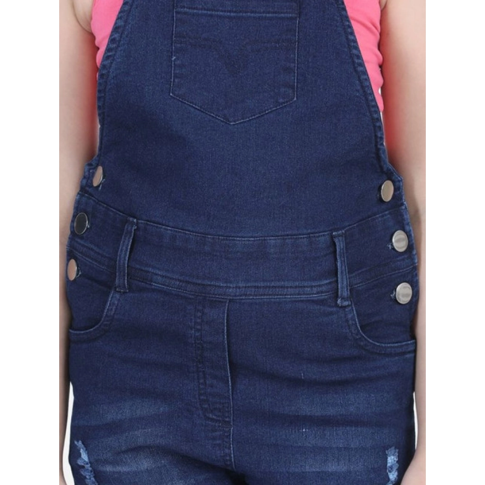 Generic Girl's Denim Distressed Buttoned Dungaree (Blue) - Image 3