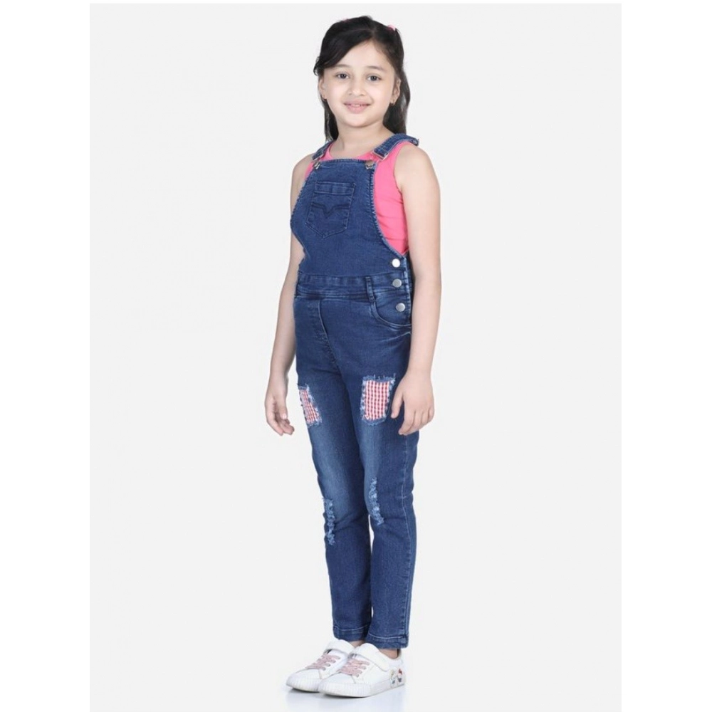 Generic Girl's Denim Patch Work Buttoned Dungaree (Blue) - Image 5