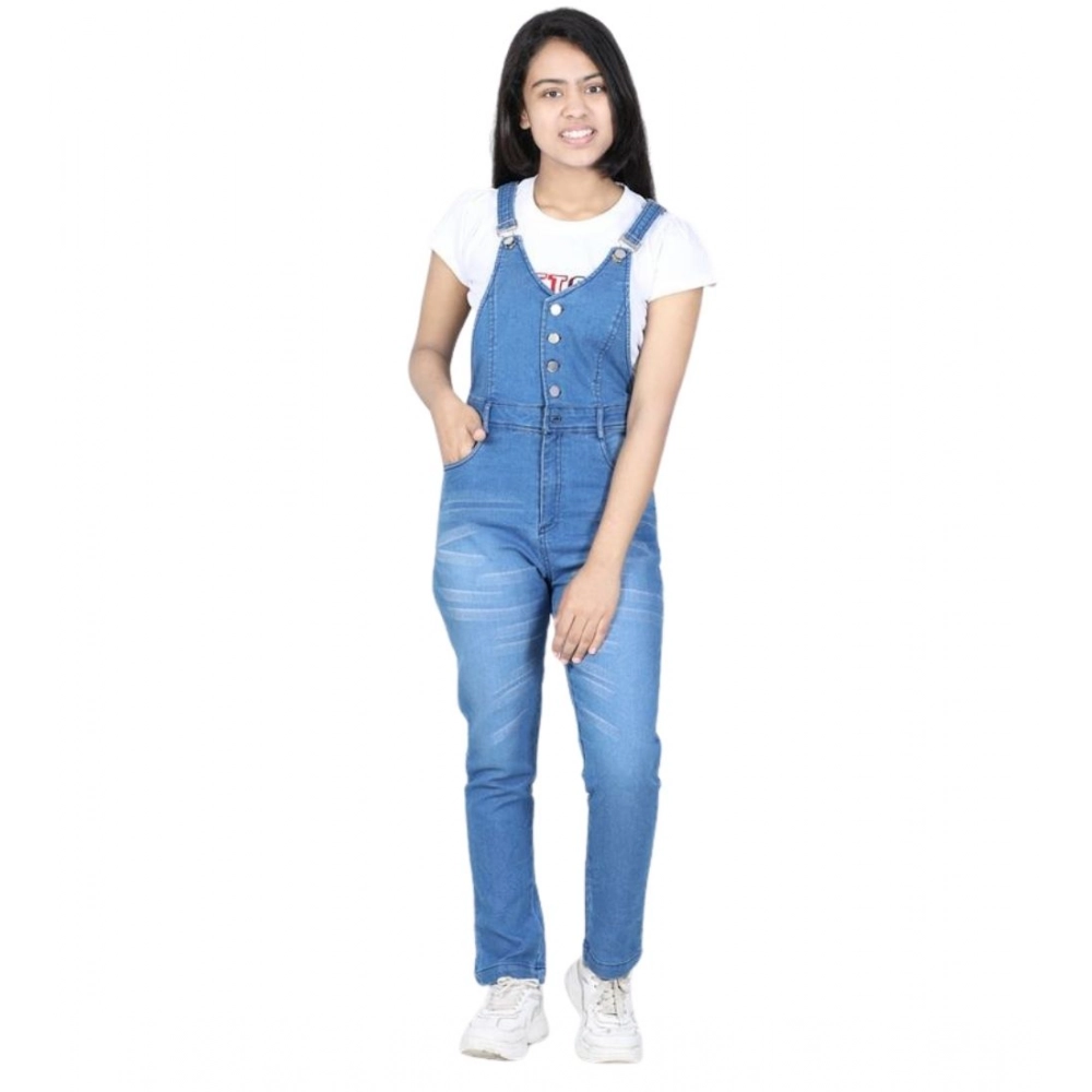 Generic Girl's Denim Solid Buttoned Dungaree (Blue) - Image 5