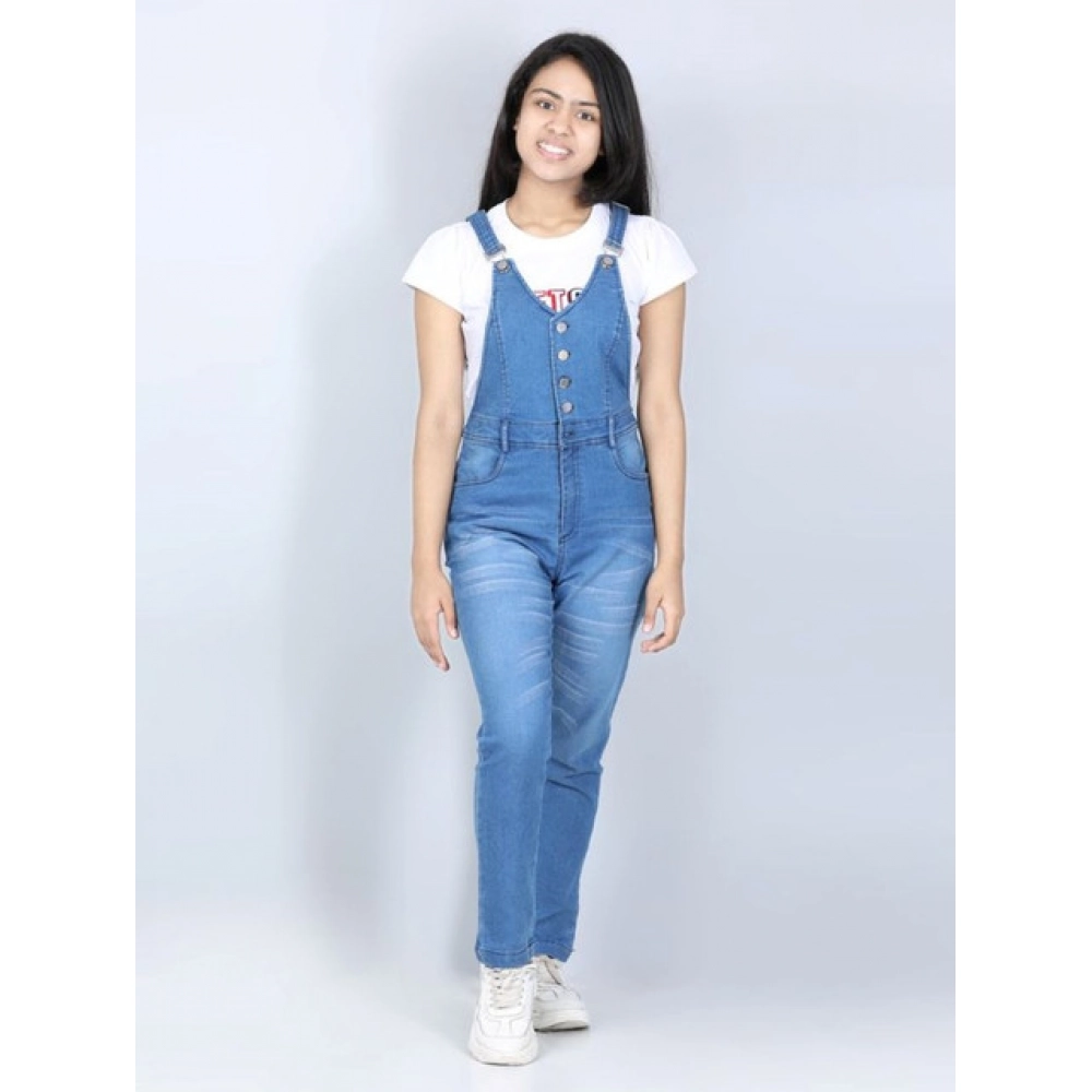 Generic Girl's Denim Solid Buttoned Dungaree (Blue)