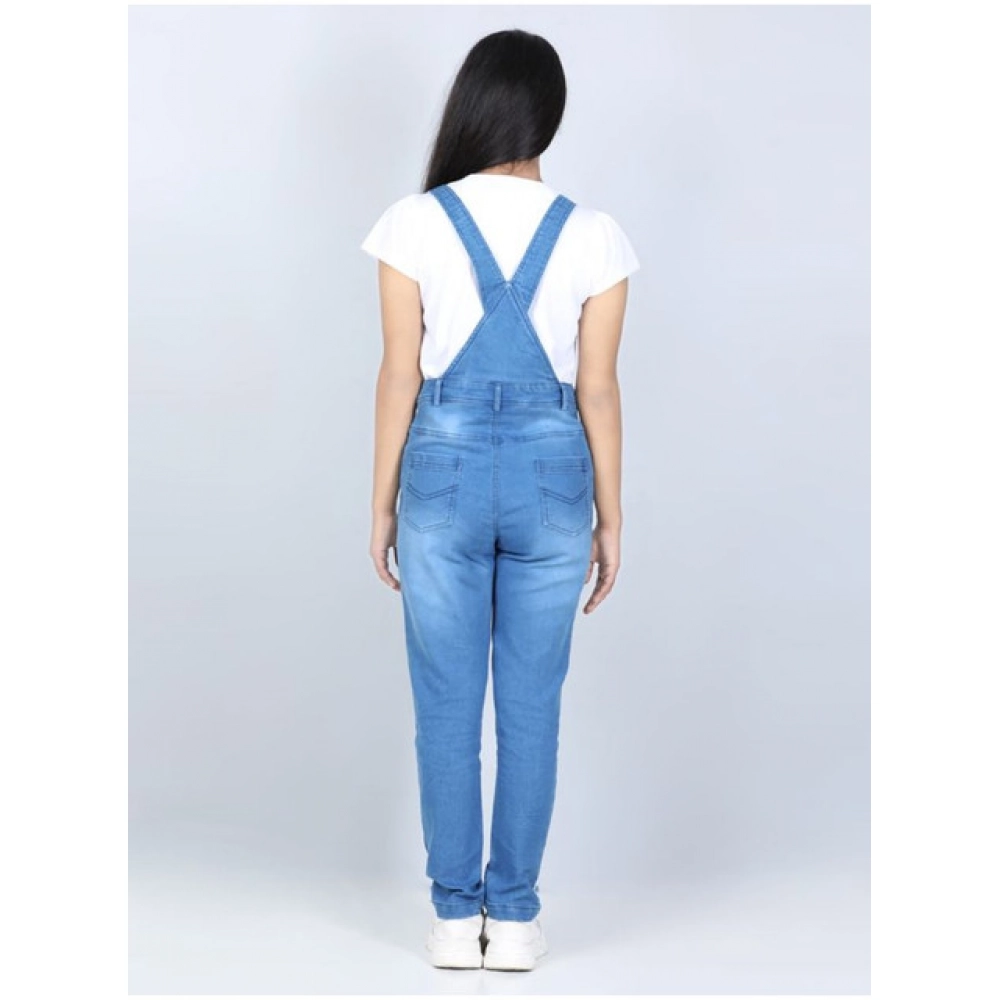 Generic Girl's Denim Solid Buttoned Dungaree (Blue) - Image 4