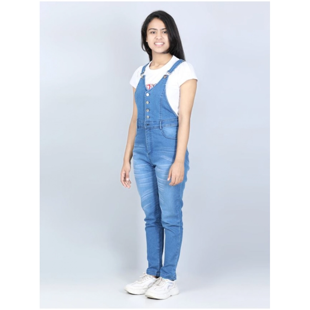 Generic Girl's Denim Solid Buttoned Dungaree (Blue) - Image 3