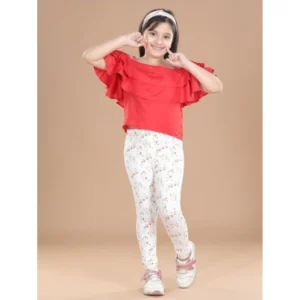 Generic Girl's Cotton Lycra Floral Elasticated Jeggings (White-Green)