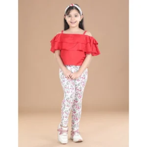 Generic Girl's Cotton Lycra Floral Elasticated Jeggings (White-Pink)