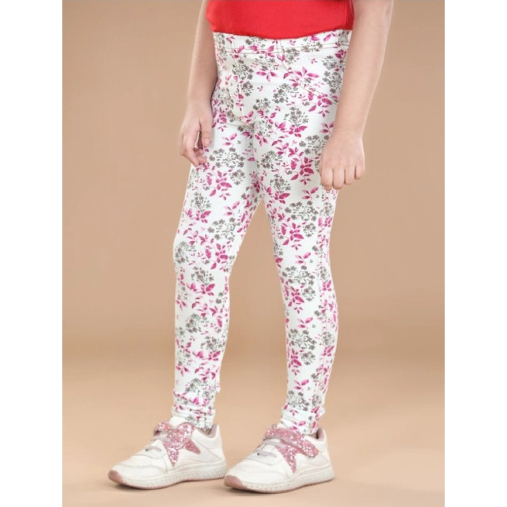 Generic Girl's Cotton Lycra Floral Elasticated Jeggings (White-Pink) - Image 4
