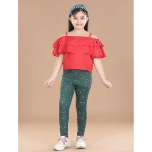 Generic Girl's Cotton Lycra Floral Elasticated Jeggings (Bottle Green)