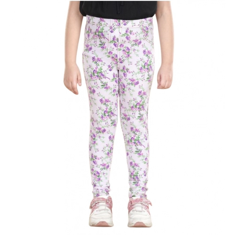 Generic Girl's Cotton Lycra Floral Elasticated Jeggings (Lavender) - Image 5