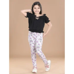 Generic Girl's Cotton Lycra Floral Elasticated Jeggings (Lavender)