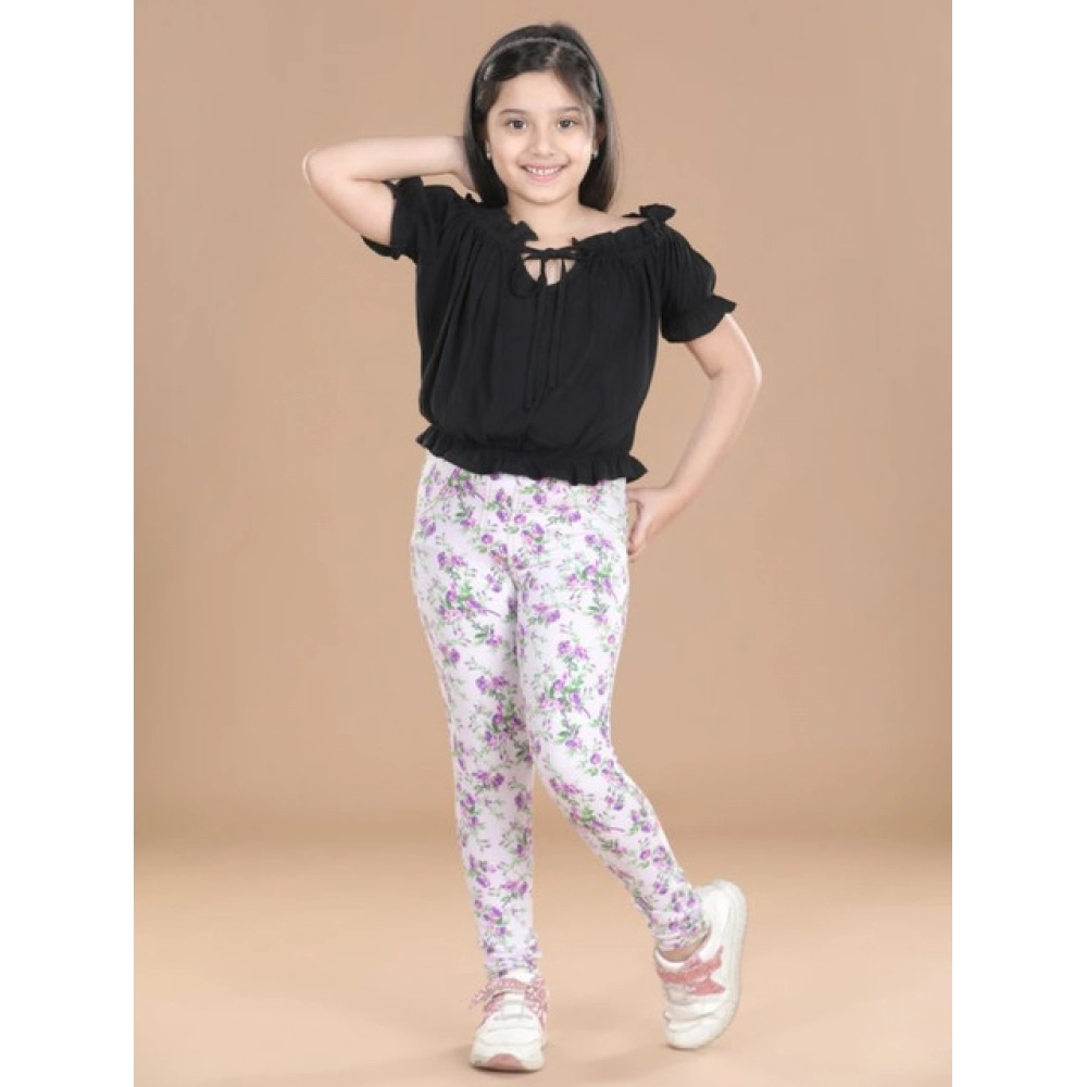 Generic Girl's Cotton Lycra Floral Elasticated Jeggings (Lavender)