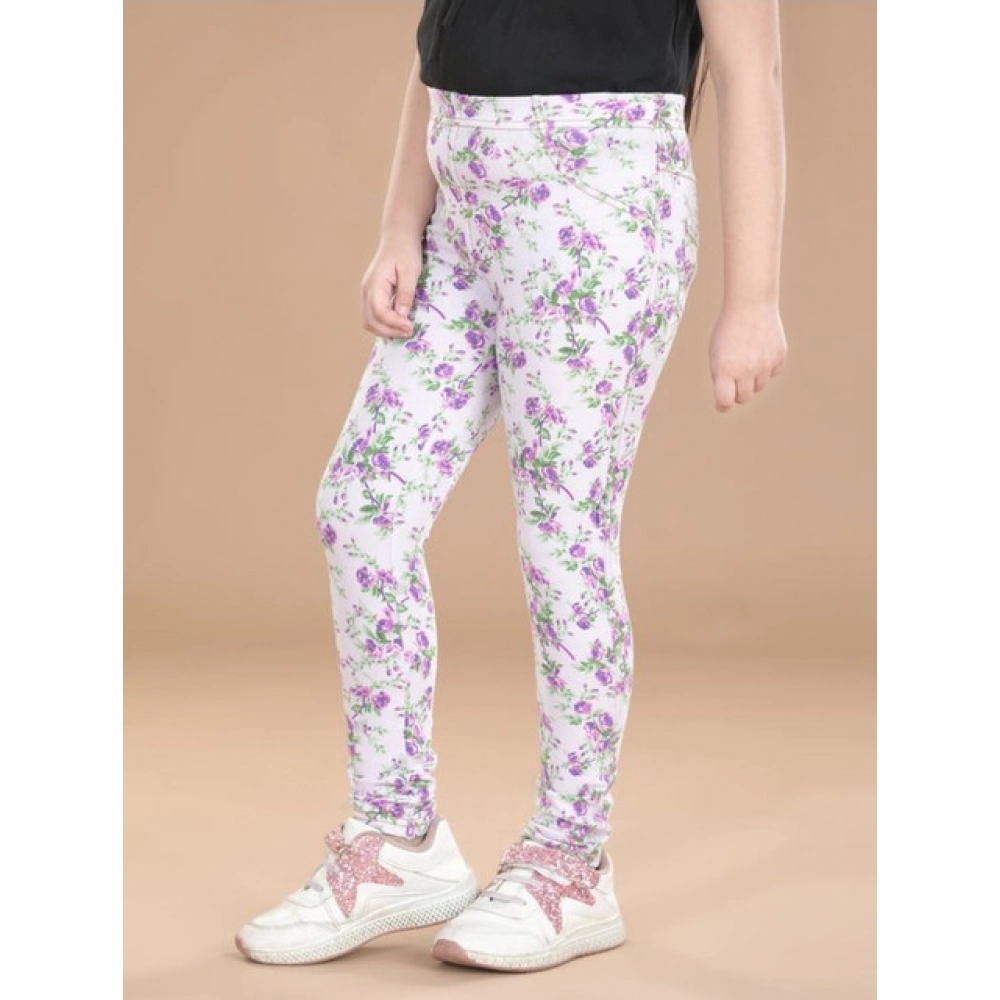 Generic Girl's Cotton Lycra Floral Elasticated Jeggings (Lavender) - Image 4