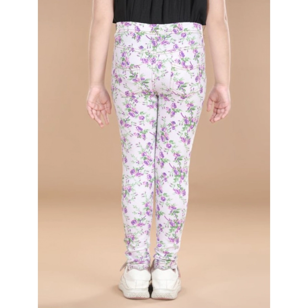 Generic Girl's Cotton Lycra Floral Elasticated Jeggings (Lavender) - Image 3