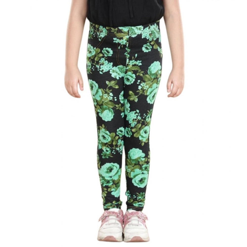 Generic Girl's Cotton Lycra Floral Elasticated Jeggings (Black-Green) - Image 5