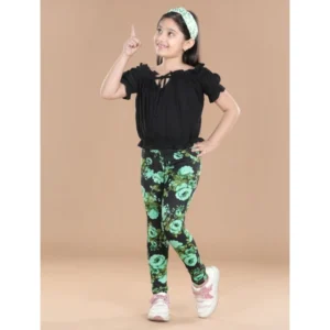 Generic Girl's Cotton Lycra Floral Elasticated Jeggings (Black-Green)