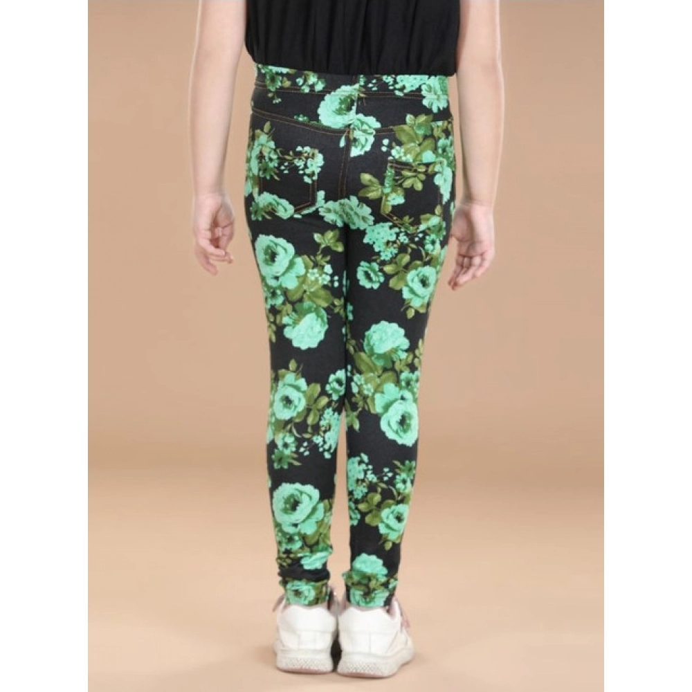 Generic Girl's Cotton Lycra Floral Elasticated Jeggings (Black-Green) - Image 3