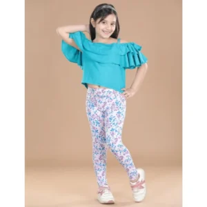 Generic Girl's Cotton Lycra Floral Elasticated Jeggings (White-Turquoise Blue)