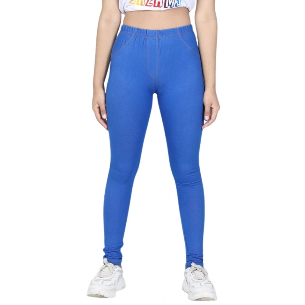 Generic Girl's Cotton Lycra Solid Elasticated Jeggings (Blue) - Image 5