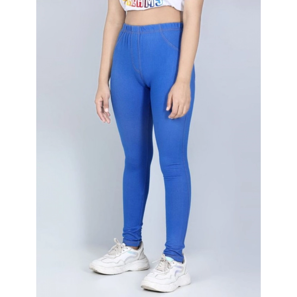 Generic Girl's Cotton Lycra Solid Elasticated Jeggings (Blue) - Image 4