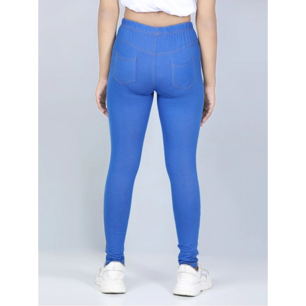 Generic Girl's Cotton Lycra Solid Elasticated Jeggings (Blue) - Image 3