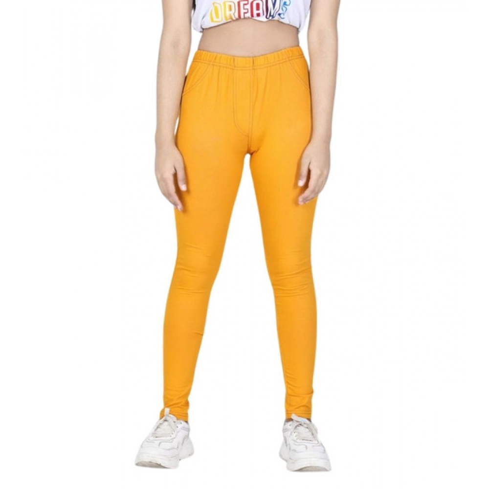 Generic Girl's Cotton Lycra Solid Elasticated Jeggings (Mustard) - Image 5