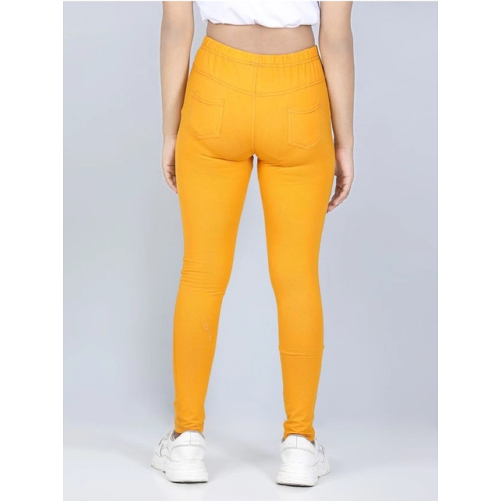 Generic Girl's Cotton Lycra Solid Elasticated Jeggings (Mustard) - Image 4