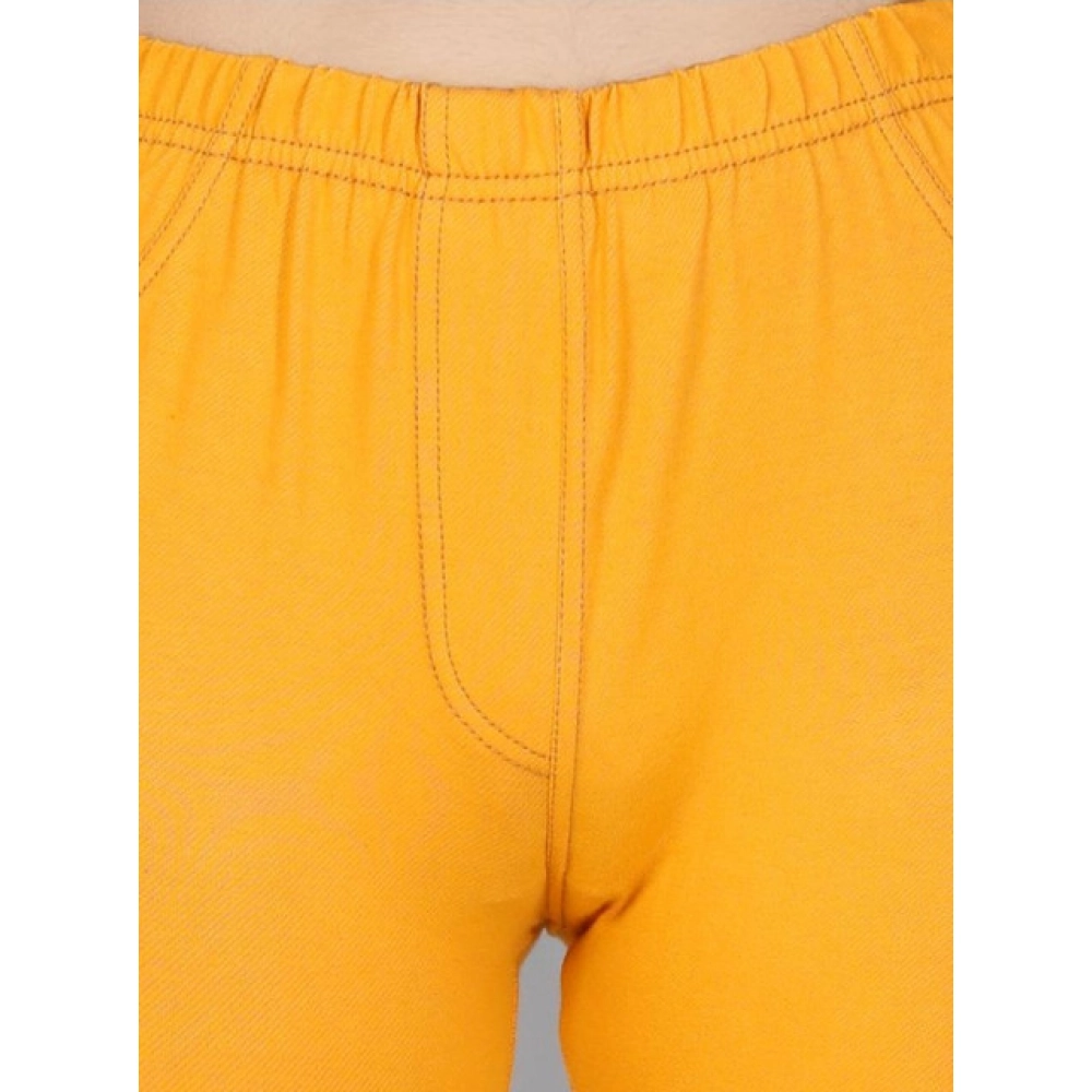 Generic Girl's Cotton Lycra Solid Elasticated Jeggings (Mustard) - Image 3