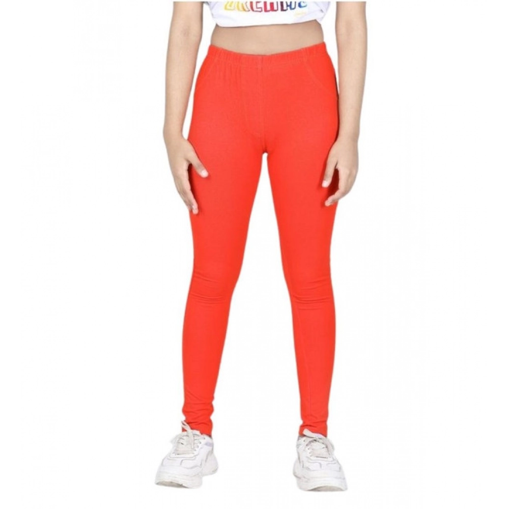 Generic Girl's Cotton Lycra Solid Elasticated Jeggings (Orange) - Image 5