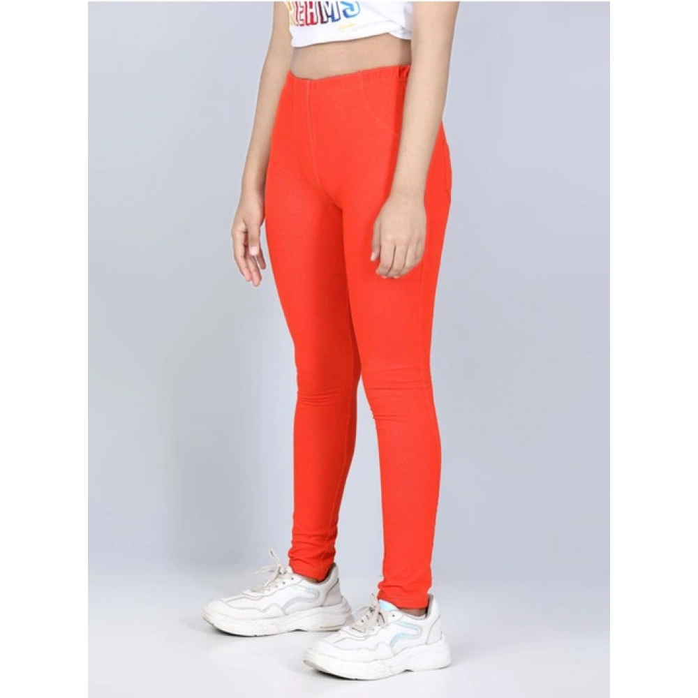 Generic Girl's Cotton Lycra Solid Elasticated Jeggings (Orange) - Image 4
