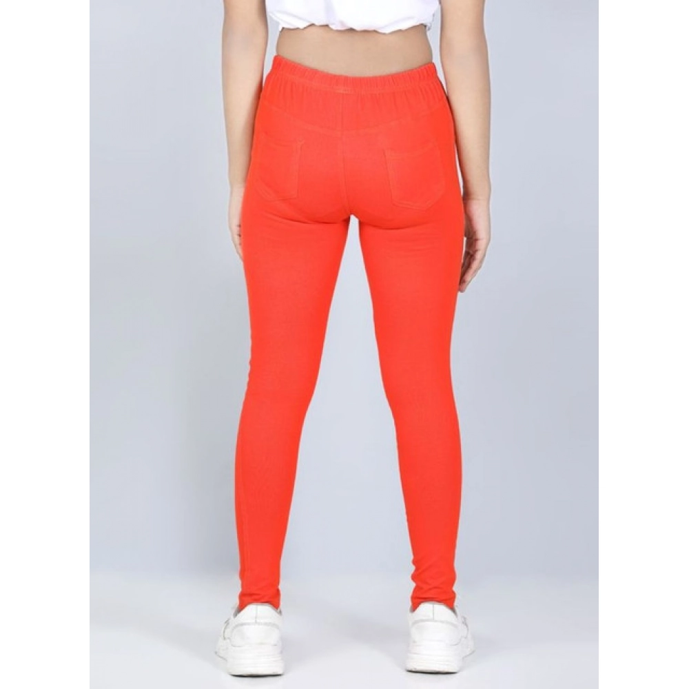 Generic Girl's Cotton Lycra Solid Elasticated Jeggings (Orange) - Image 3