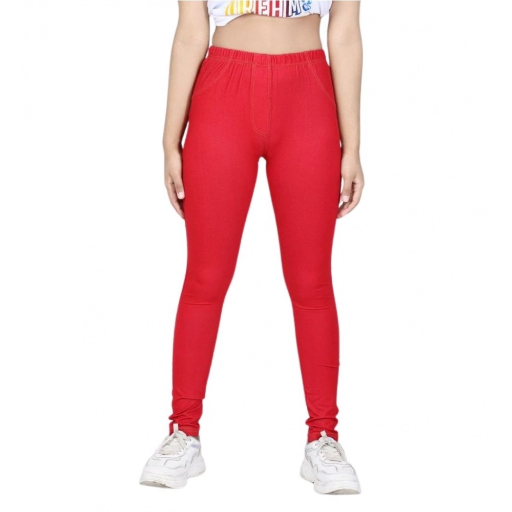 Generic Girl's Cotton Lycra Solid Elasticated Jeggings (Red) - Image 5