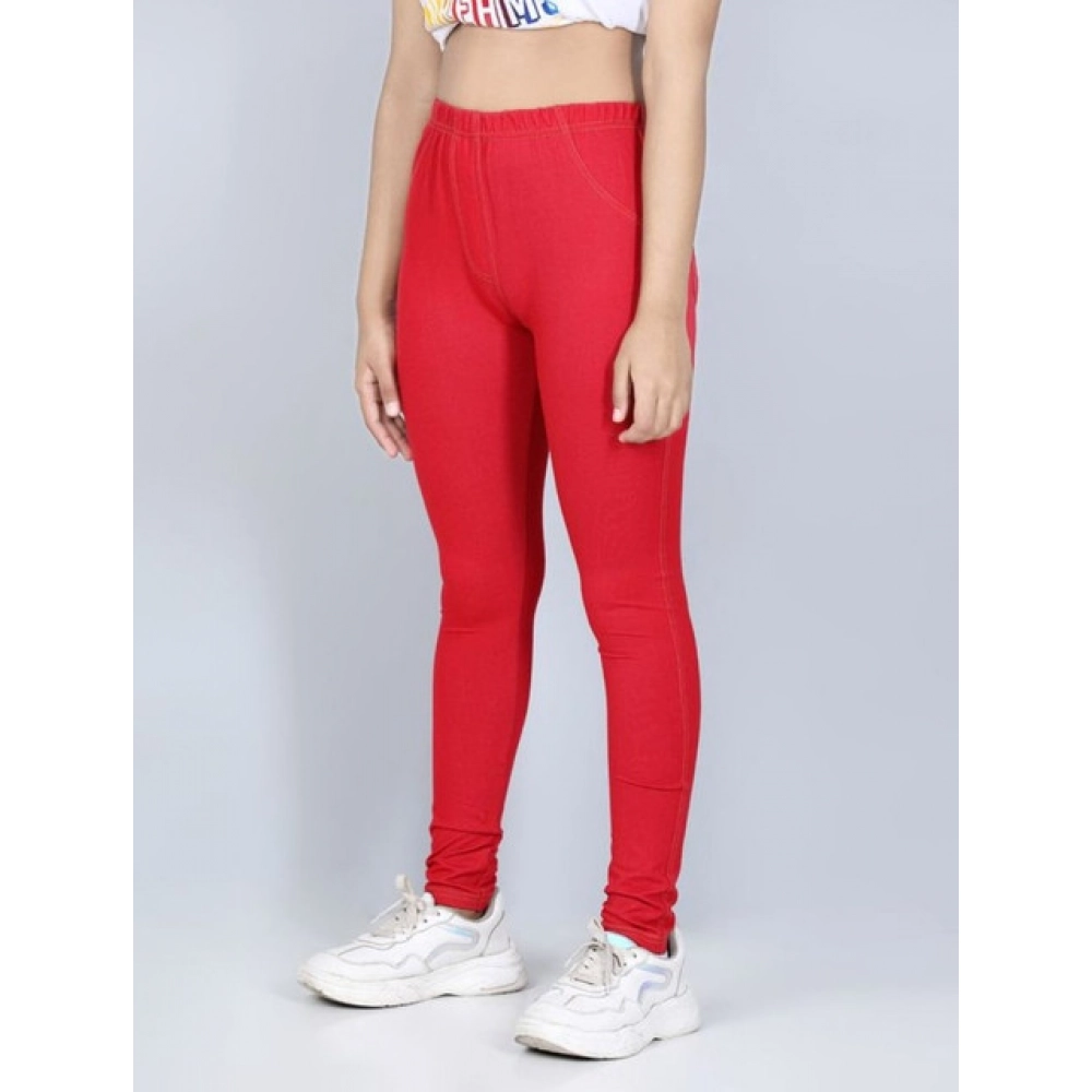 Generic Girl's Cotton Lycra Solid Elasticated Jeggings (Red) - Image 4