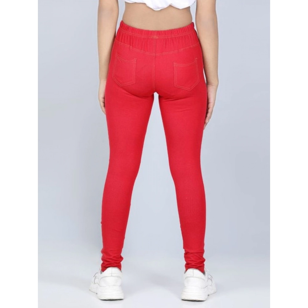 Generic Girl's Cotton Lycra Solid Elasticated Jeggings (Red) - Image 3