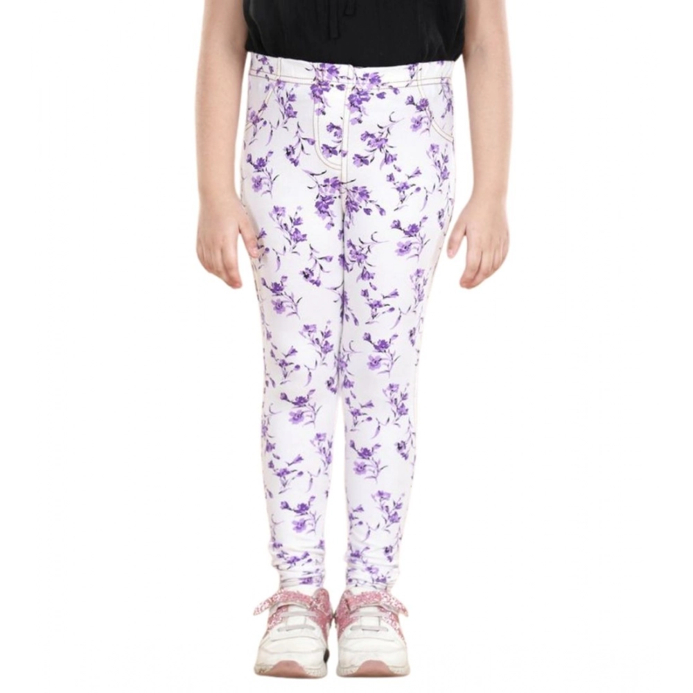 Generic Girl's Cotton Lycra Floral Elasticated Jeggings (White-Lavender) - Image 5