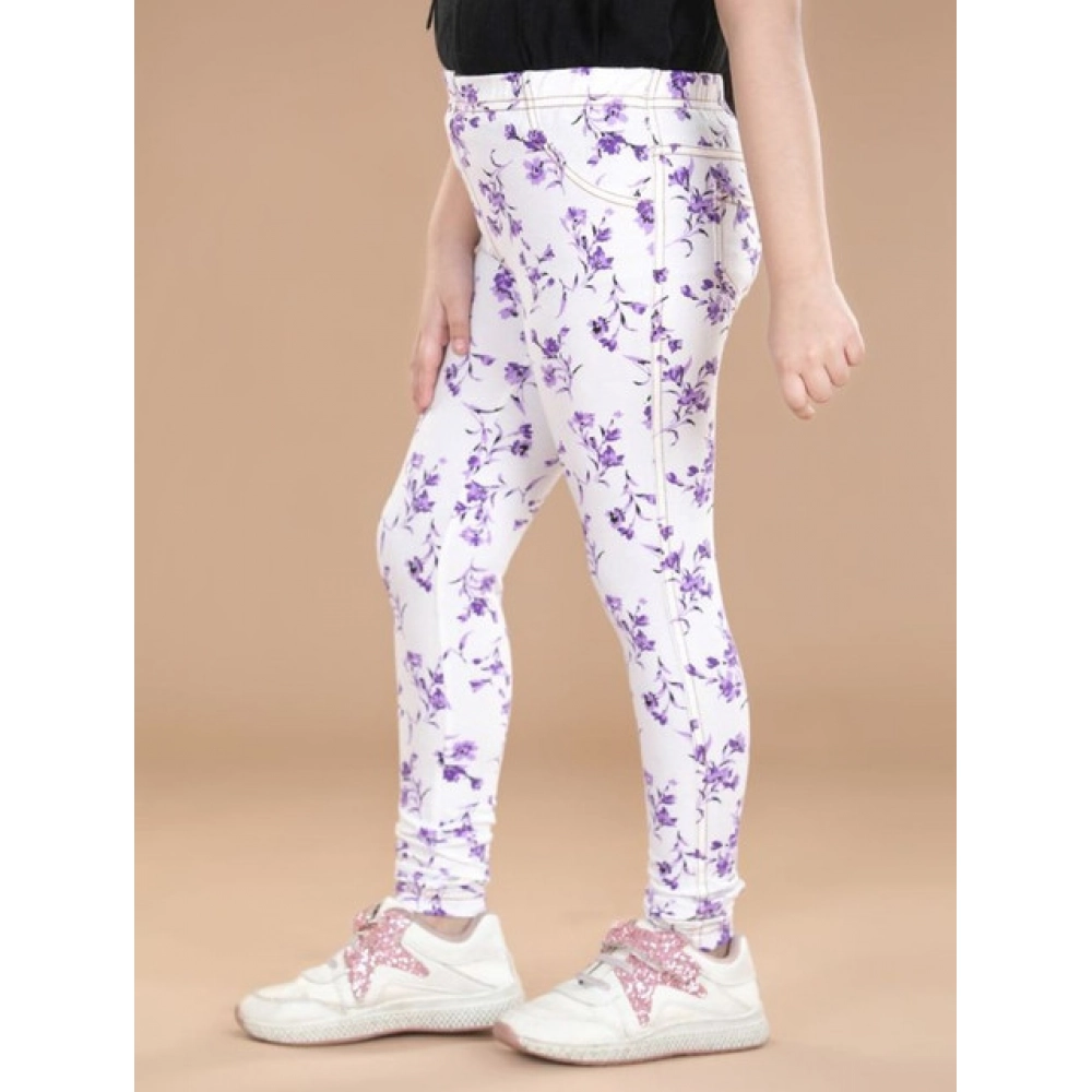 Generic Girl's Cotton Lycra Floral Elasticated Jeggings (White-Lavender) - Image 4
