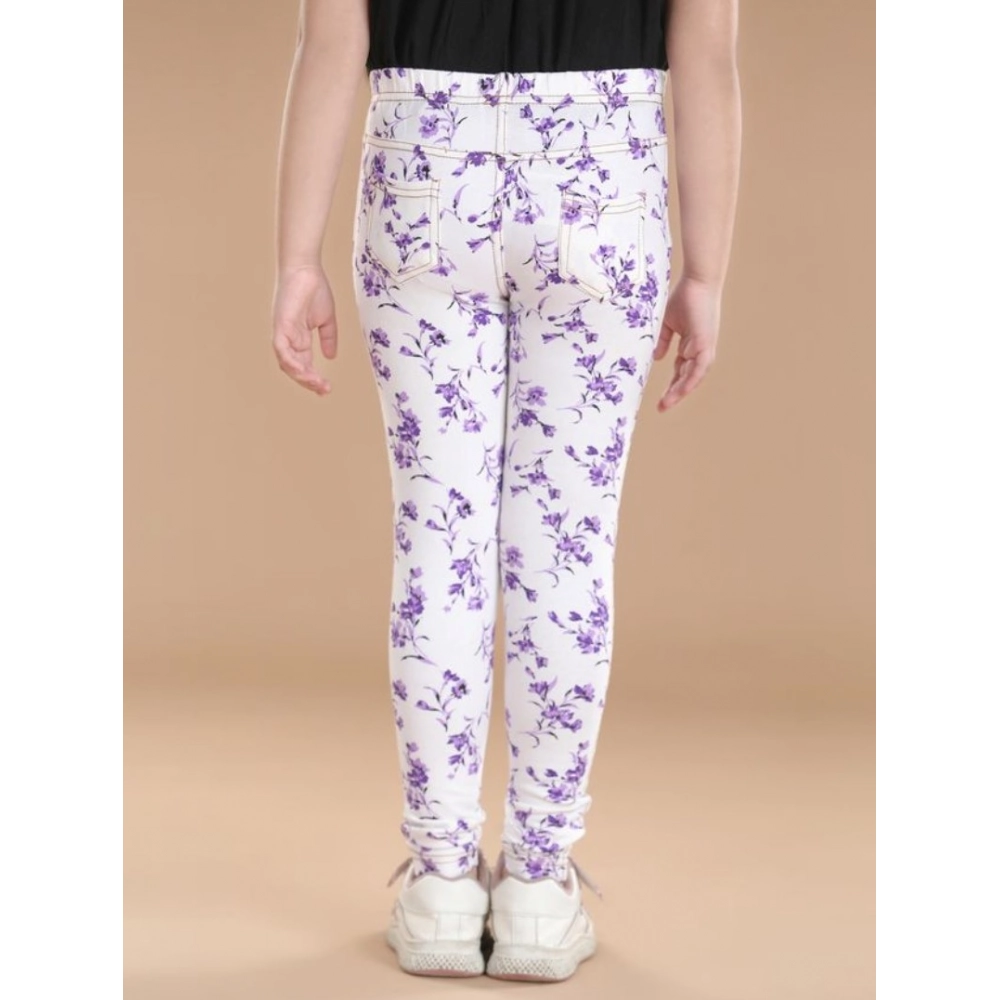Generic Girl's Cotton Lycra Floral Elasticated Jeggings (White-Lavender) - Image 3
