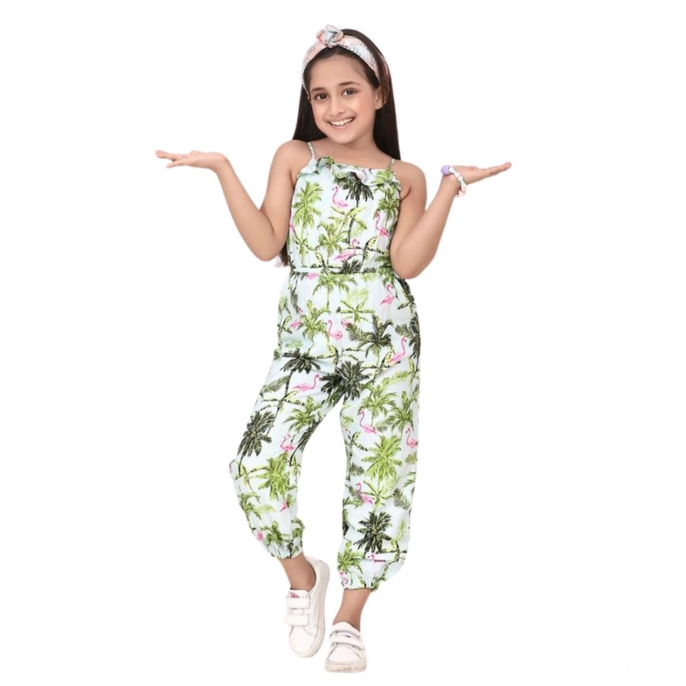 Generic Girl's Denim Embroidered Sleeveless Jumpsuit (White-Green)