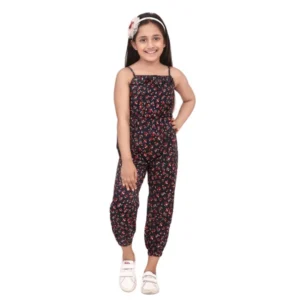 Generic Girl's Rayon Floral Sleeveless Jumpsuit (Black-Red)
