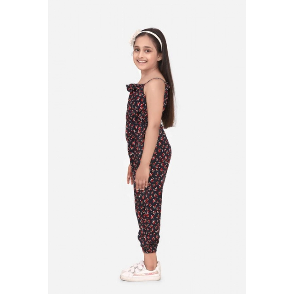 Generic Girl's Rayon Floral Sleeveless Jumpsuit (Black-Red) - Image 3