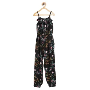 Generic Girl's Rayon Floral Sleeveless Jumpsuit (Black-Pink)