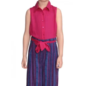 Generic Girl's Rayon Colour Block Sleeveless Jumpsuit (Pink-Blue)